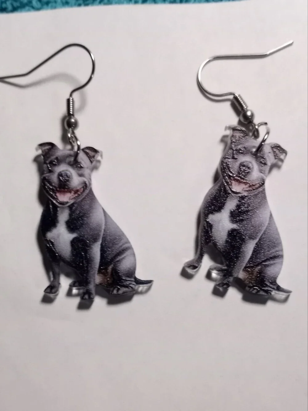 Pitbull Dog Print Dangle Earrings - Gray and White Puppy Design